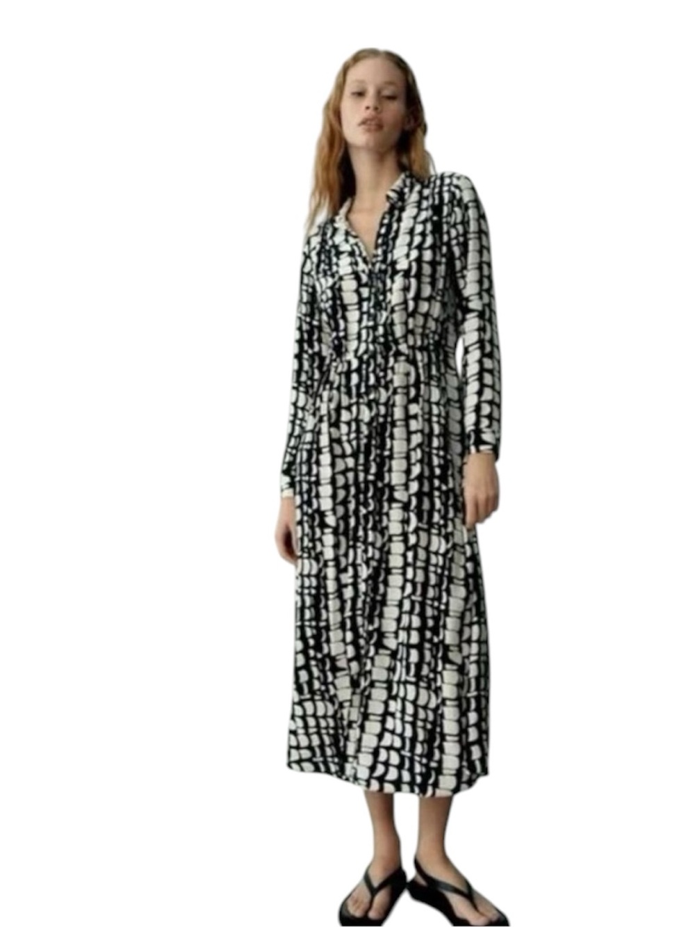 Zara Black & White Abstract Printed Long Sleeve Maxi Dress